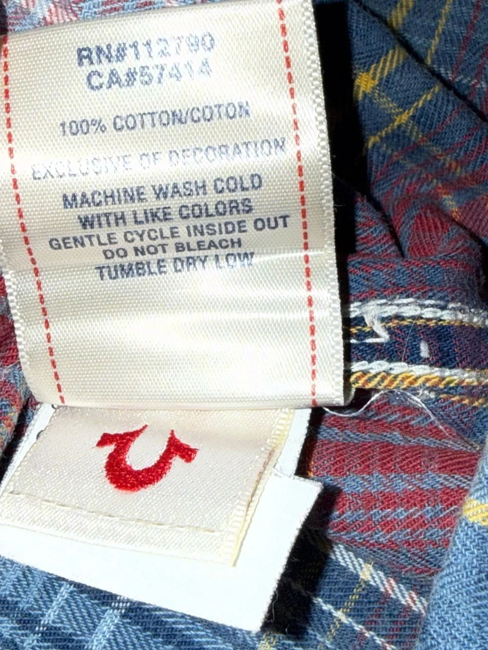 True Religion button-down shirt: plaid pattern: pearl button snaps: western